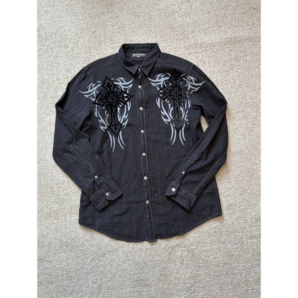 Xtreme Couture Mens Shirt Size Large Black Grey Velvet Graphic Cross Cotton Goth